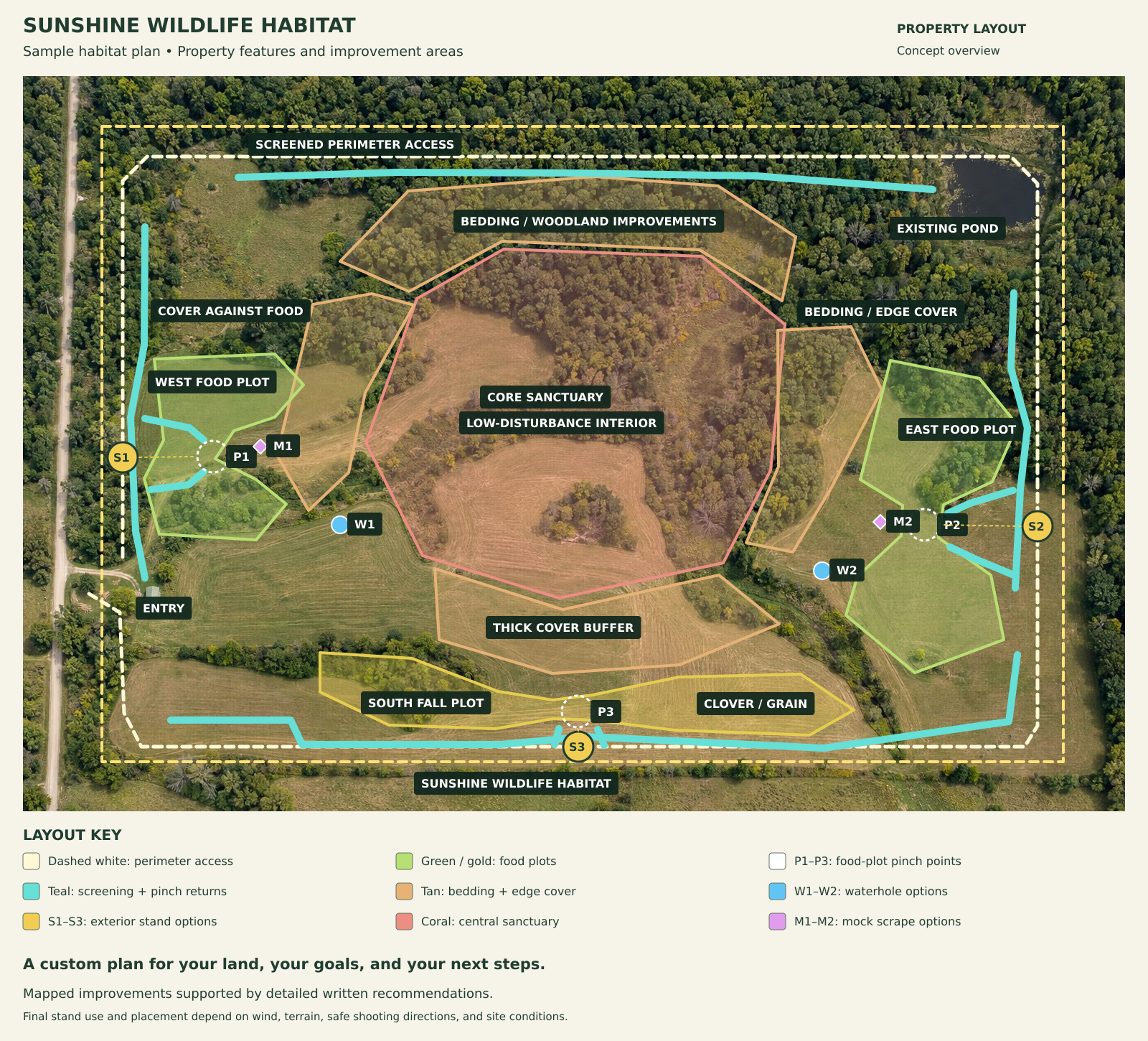 Sample habitat map with a central sanctuary, adjoining cover and food plots, pinch points, screened perimeter access, and exterior stands
