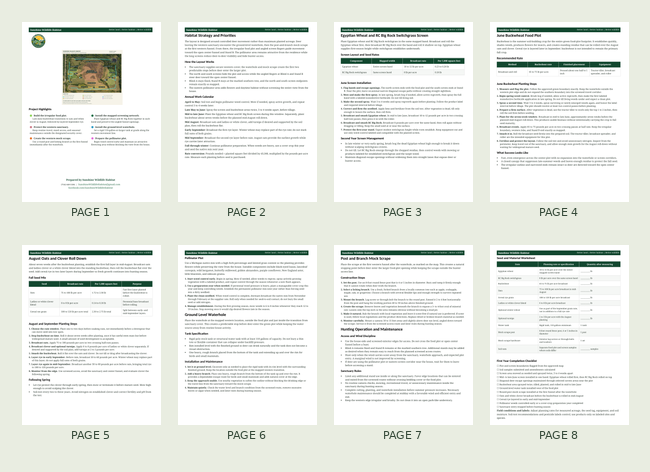 Eight-page written-plan preview with a sample map, written guidance, tables, calendar, and checklist